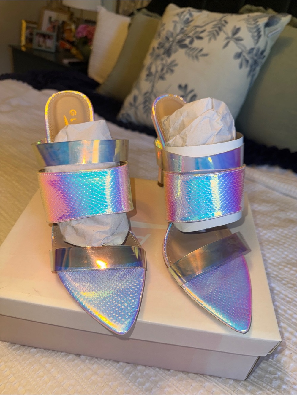Glaze Iridescent Holographic Pointed-Toe Mule Heels